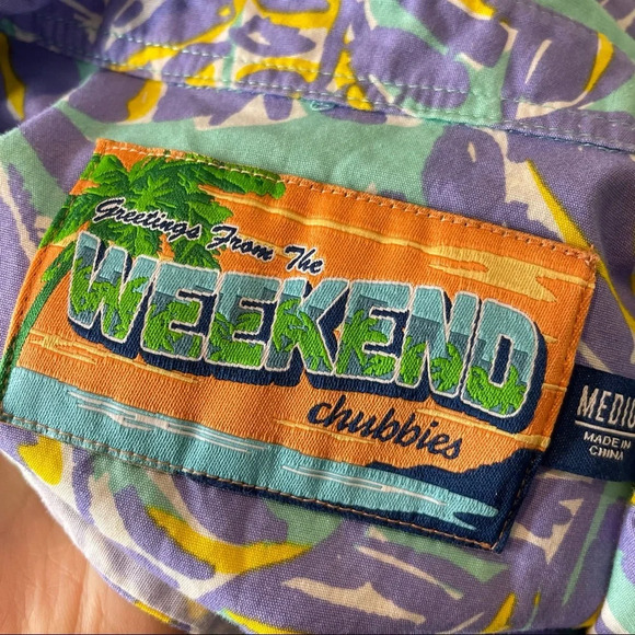 Chubbies Sz Medium Shirt Dress Tropicamo Button Up Hawaiian Purple Green Pockets - Picture 4 of 5